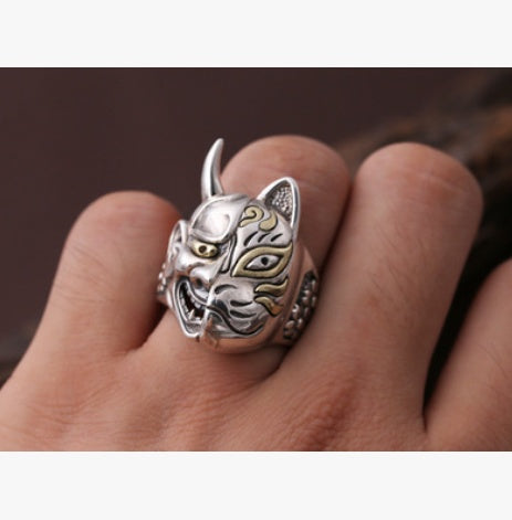 S925 sterling silver jewelry Japan prajna mask silver ring personality men retro Thai silver index finger creative ring