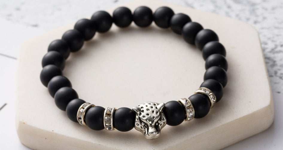 8mm Natural Stone Lava Stone Bead Bracelet For Men Leopard Head Leopard Pendant Charm Bracelet Handmade Jewelry