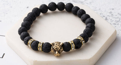 8mm Natural Stone Lava Stone Bead Bracelet For Men Leopard Head Leopard Pendant Charm Bracelet Handmade Jewelry