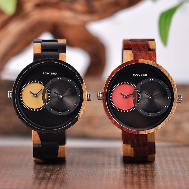 BOBO BIRD Thin Men Watch Original Wood Watches 2 Time Zone Display Quartz Wristwatch horloges mannen