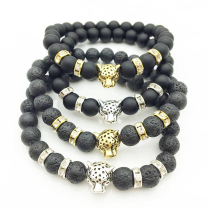 8mm Natural Stone Lava Stone Bead Bracelet For Men Leopard Head Leopard Pendant Charm Bracelet Handmade Jewelry