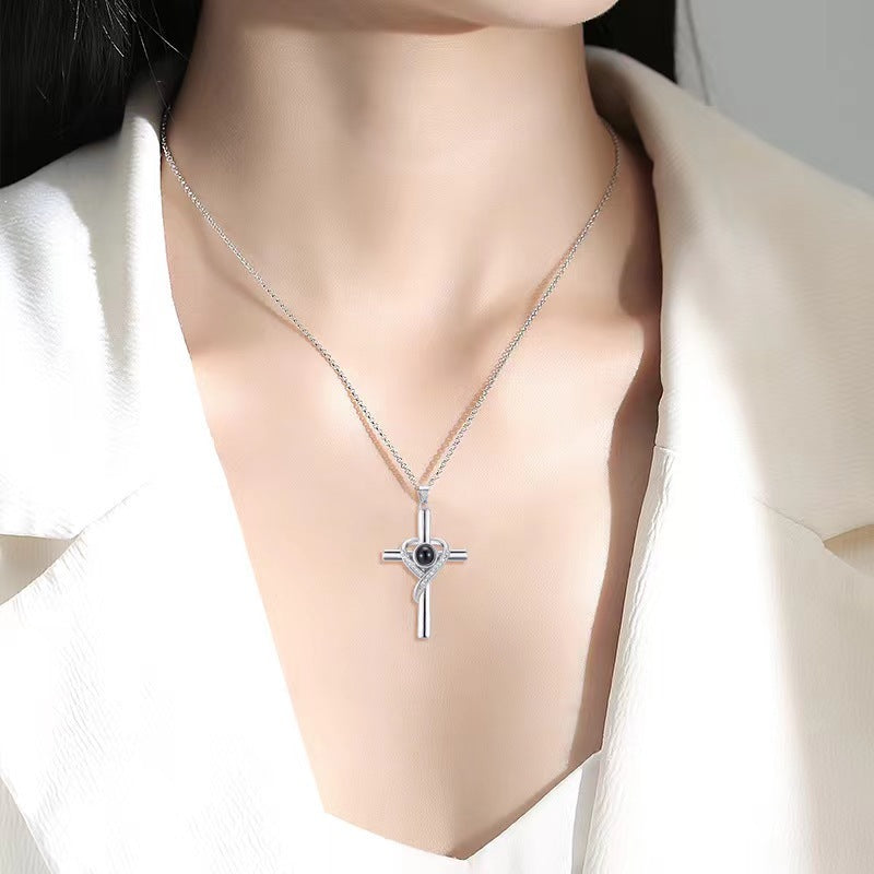 Languages I Love You Projection Necklace Pendant Love Cross Pendant Necklace Memorial Jewelry For Women