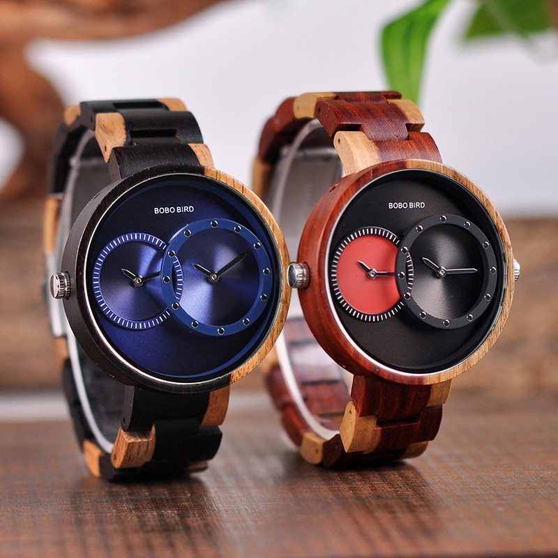 BOBO BIRD Thin Men Watch Original Wood Watches 2 Time Zone Display Quartz Wristwatch horloges mannen