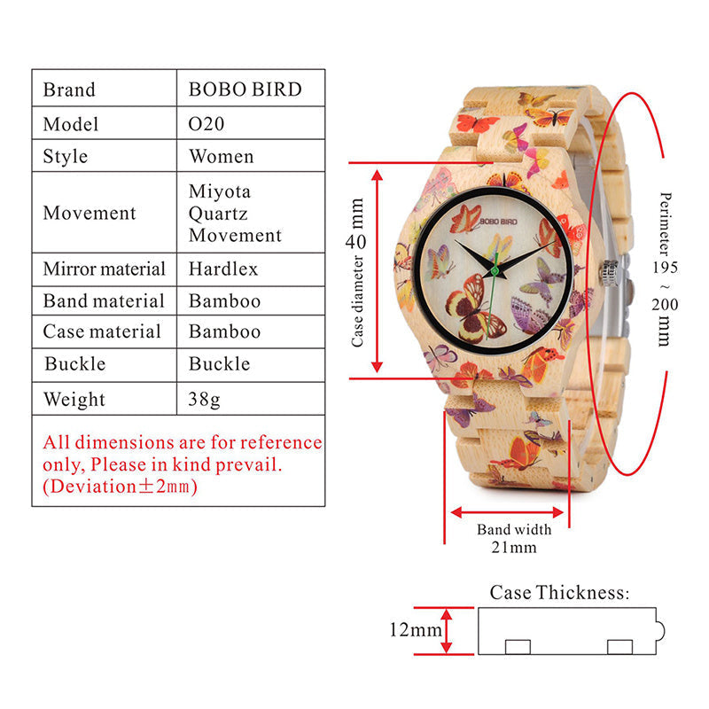 BOBO BIRD O20 Butterfly Print Women Watches