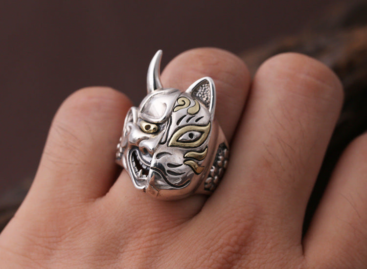 S925 sterling silver jewelry Japan prajna mask silver ring personality men retro Thai silver index finger creative ring